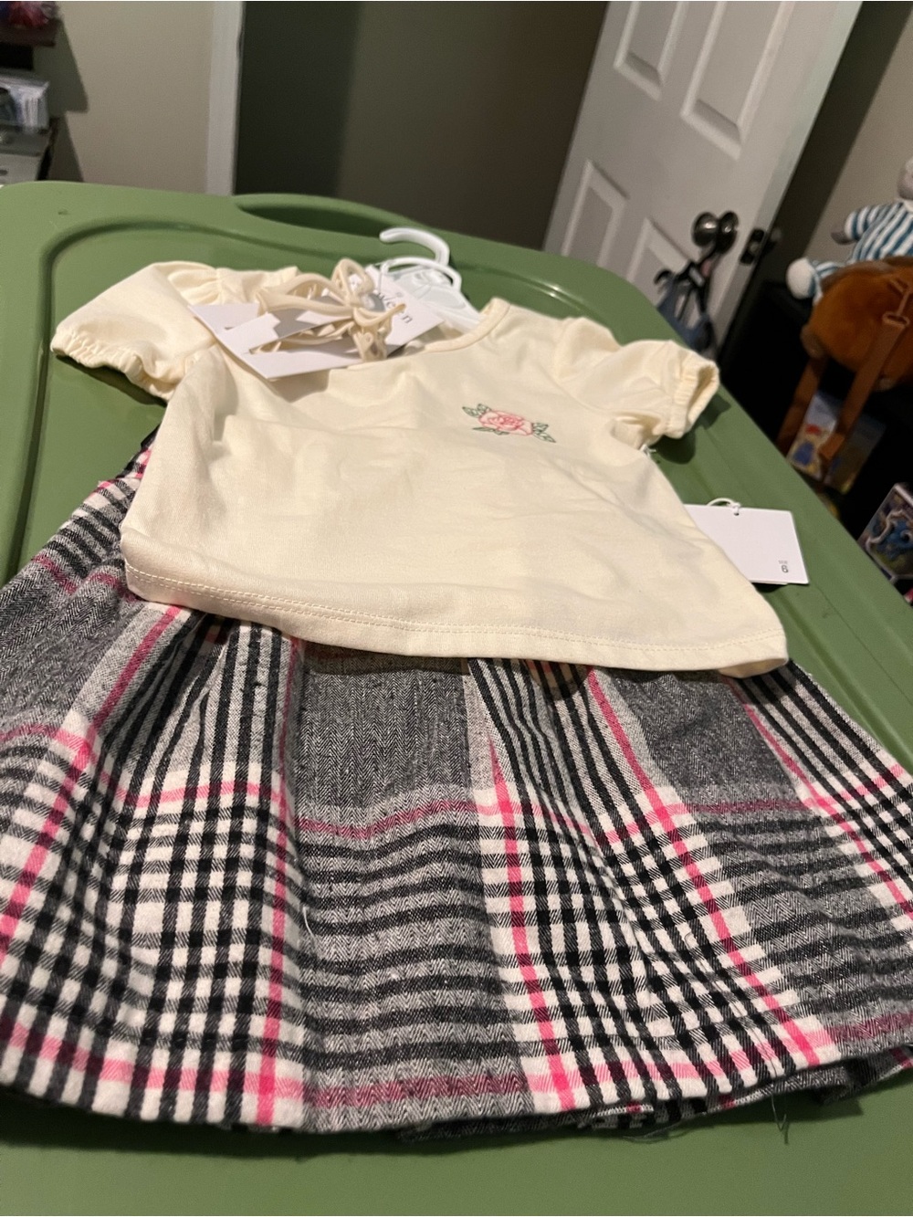 btween Cream Top with Gray & Pink Plaid Skirt Set